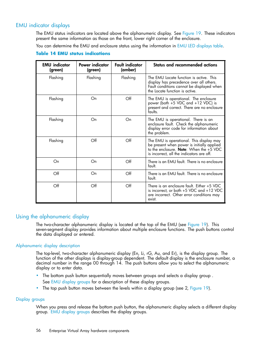 Emu indicator displays, Using the alphanumeric display, 14 emu status indications | Emu led displays | HP 4000.6000.8000 Enterprise Virtual Arrays User Manual | Page 56 / 169