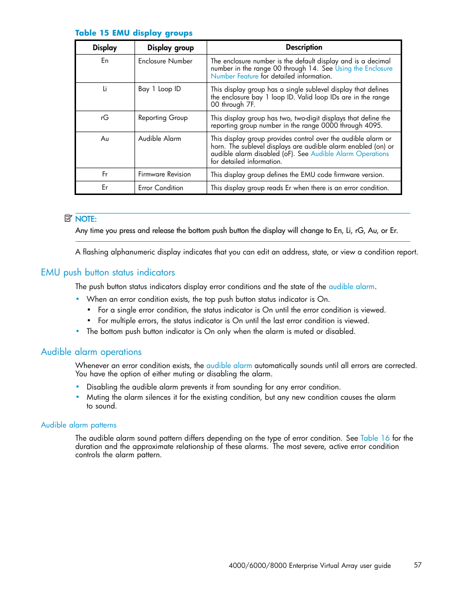 Emu push button status indicators, Audible alarm operations, 15 emu display groups | Emu display groups | HP 4000.6000.8000 Enterprise Virtual Arrays User Manual | Page 57 / 169