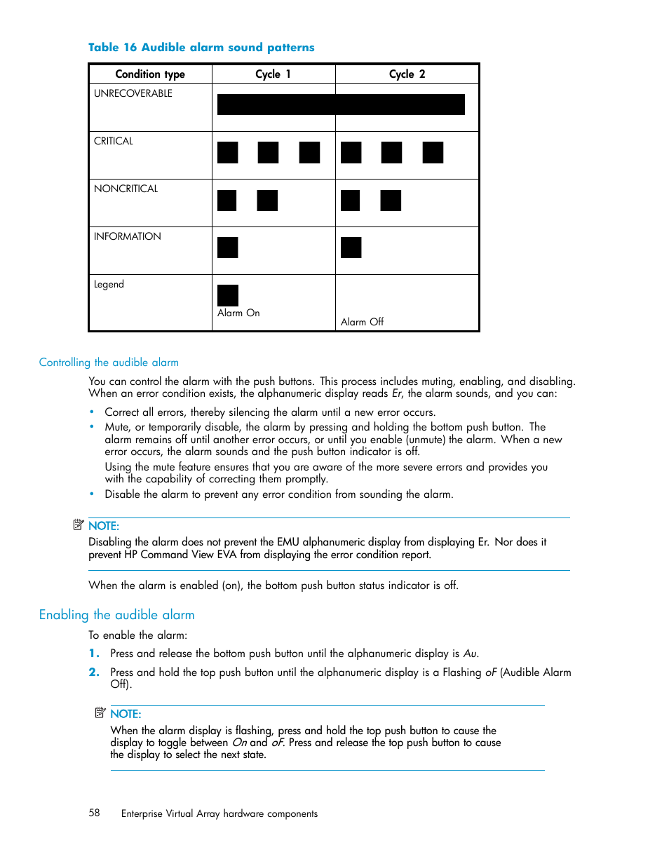 Enabling the audible alarm, 16 audible alarm sound patterns, Table 16 | HP 4000.6000.8000 Enterprise Virtual Arrays User Manual | Page 58 / 169