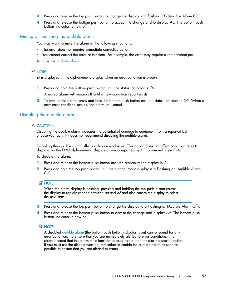 Muting or unmuting the audible alarm, Disabling the audible alarm | HP 4000.6000.8000 Enterprise Virtual Arrays User Manual | Page 59 / 169