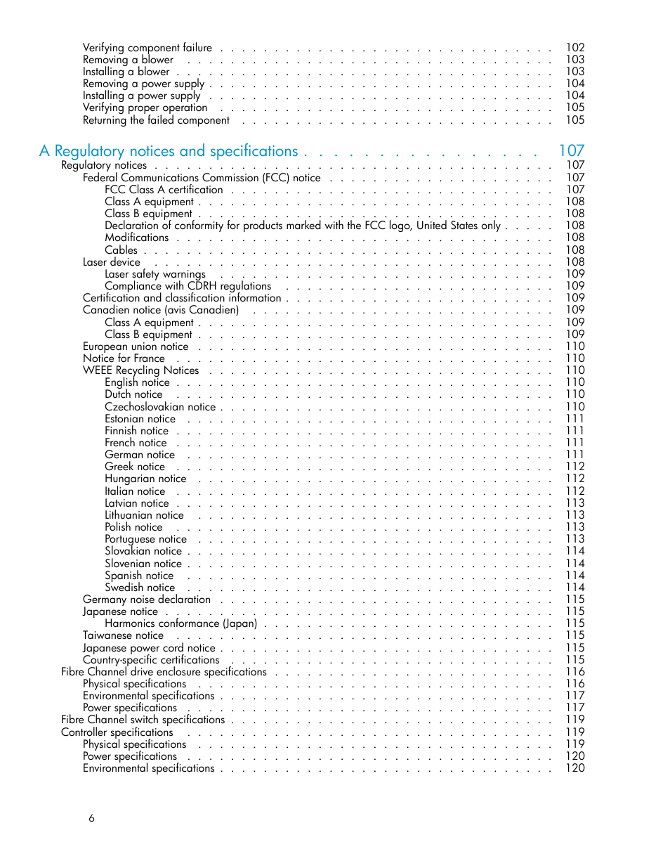 A regulatory notices and specifications | HP 4000.6000.8000 Enterprise Virtual Arrays User Manual | Page 6 / 169