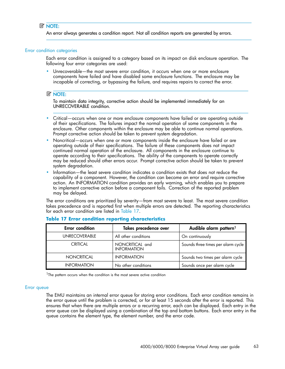 17 error condition reporting characteristics | HP 4000.6000.8000 Enterprise Virtual Arrays User Manual | Page 63 / 169