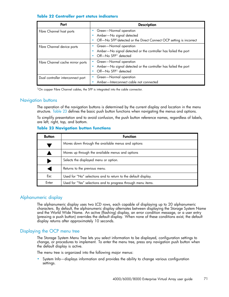 Navigation buttons, Alphanumeric display, Displaying the ocp menu tree | 22 controller port status indicators, 23 navigation button functions, Table 22 | HP 4000.6000.8000 Enterprise Virtual Arrays User Manual | Page 71 / 169