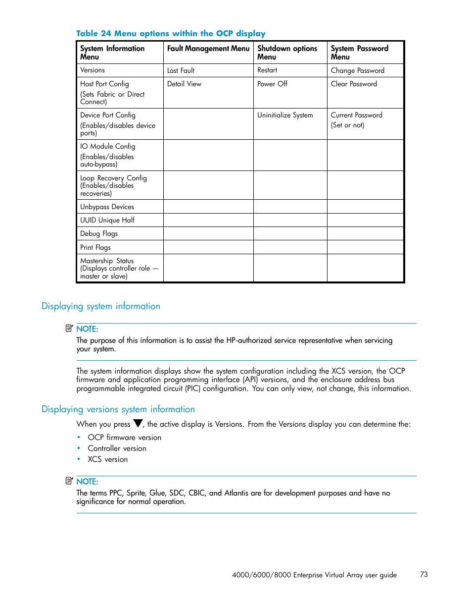 Displaying system information, Displaying versions system information, 24 menu options within the ocp display | HP 4000.6000.8000 Enterprise Virtual Arrays User Manual | Page 73 / 169