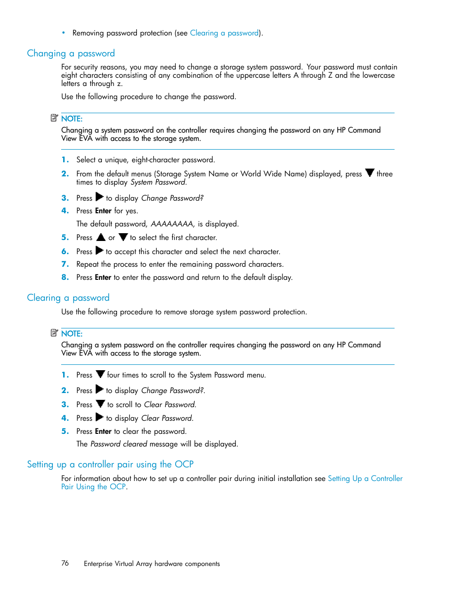 Changing a password, Clearing a password, Setting up a controller pair using the ocp | Setting up an hsv210-series, Controller pair using the ocp | HP 4000.6000.8000 Enterprise Virtual Arrays User Manual | Page 76 / 169