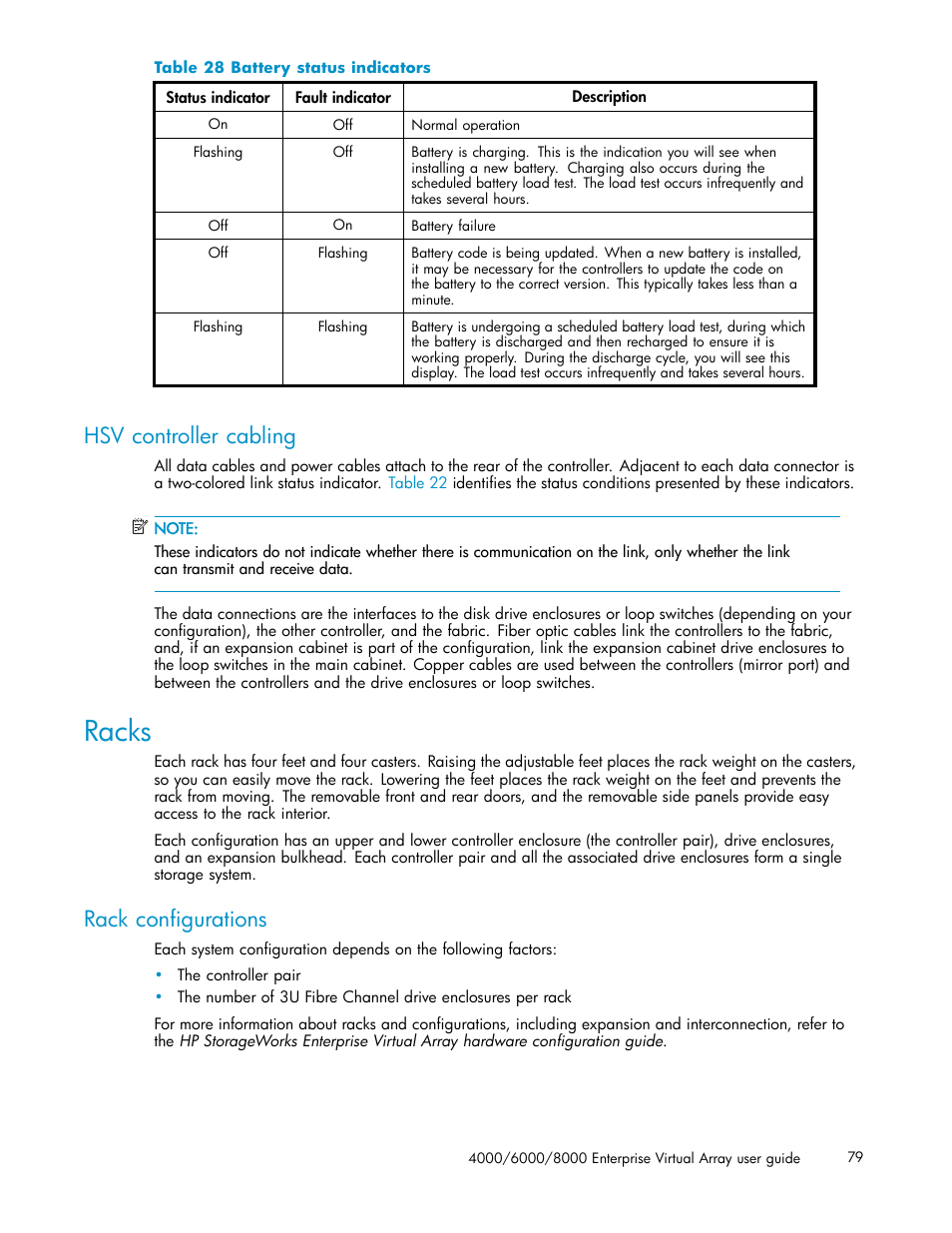 Hsv controller cabling, Racks, Rack configurations | 28 battery status indicators | HP 4000.6000.8000 Enterprise Virtual Arrays User Manual | Page 79 / 169