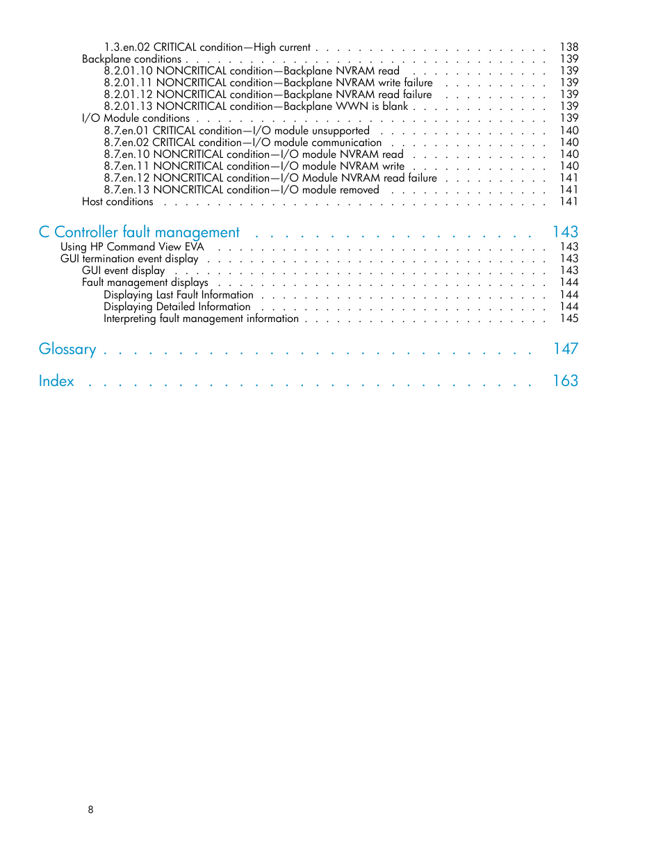 C controller fault management, Glossary index | HP 4000.6000.8000 Enterprise Virtual Arrays User Manual | Page 8 / 169