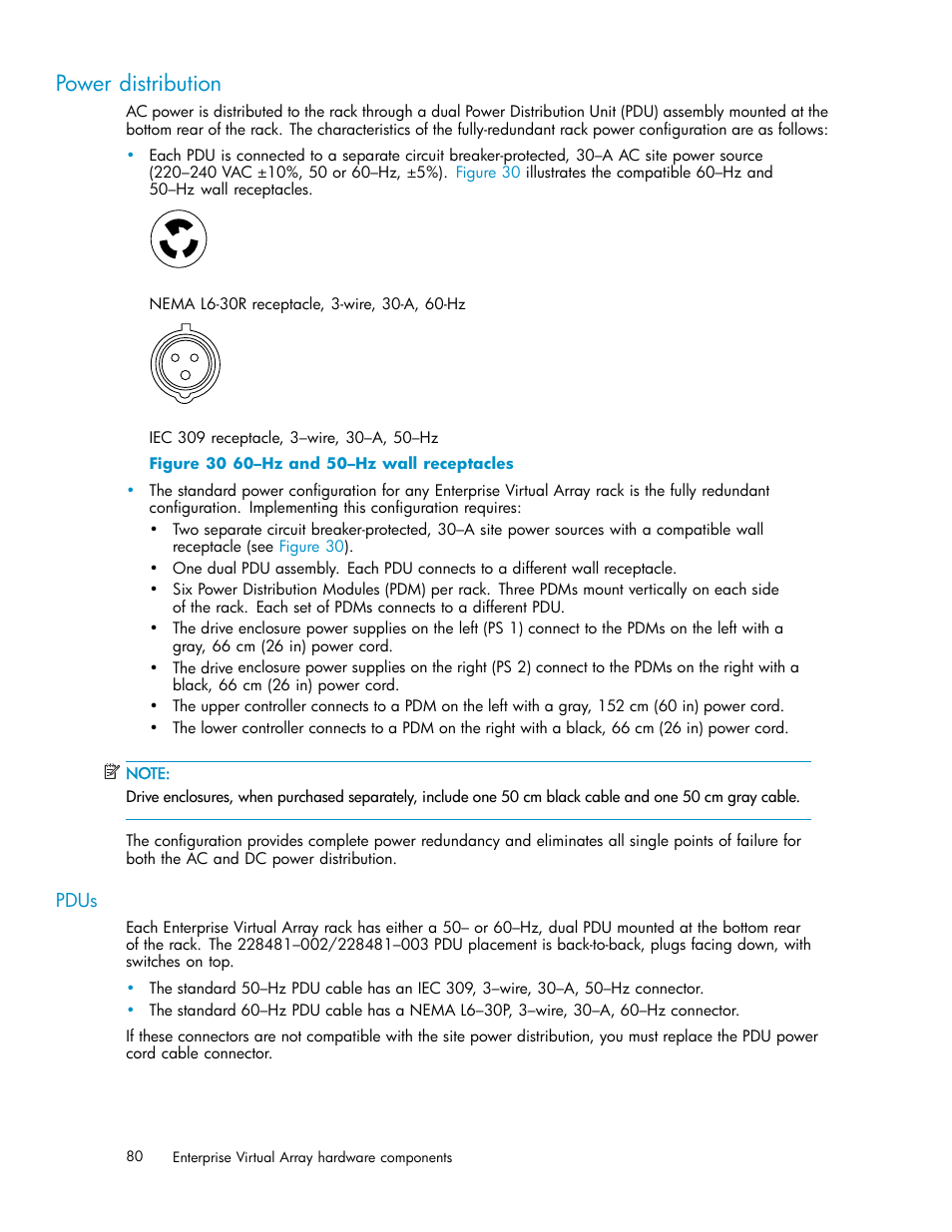 Power distribution, Pdus, 30 60–hz and 50–hz wall receptacles | HP 4000.6000.8000 Enterprise Virtual Arrays User Manual | Page 80 / 169