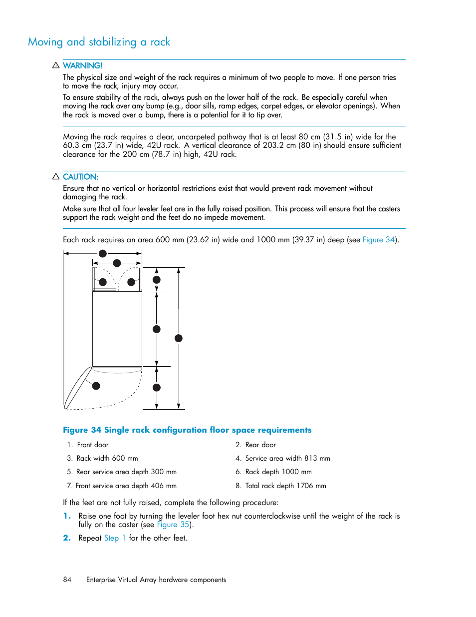 Moving and stabilizing a rack | HP 4000.6000.8000 Enterprise Virtual Arrays User Manual | Page 84 / 169