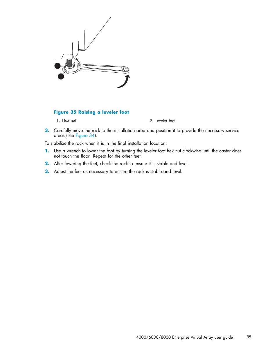 35 raising a leveler foot, Figure 35 | HP 4000.6000.8000 Enterprise Virtual Arrays User Manual | Page 85 / 169