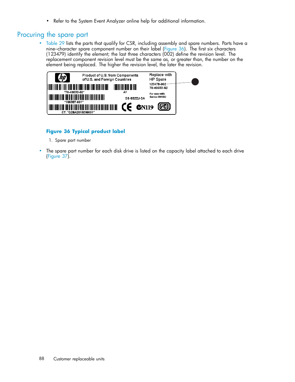 Procuring the spare part, 36 typical product label | HP 4000.6000.8000 Enterprise Virtual Arrays User Manual | Page 88 / 169