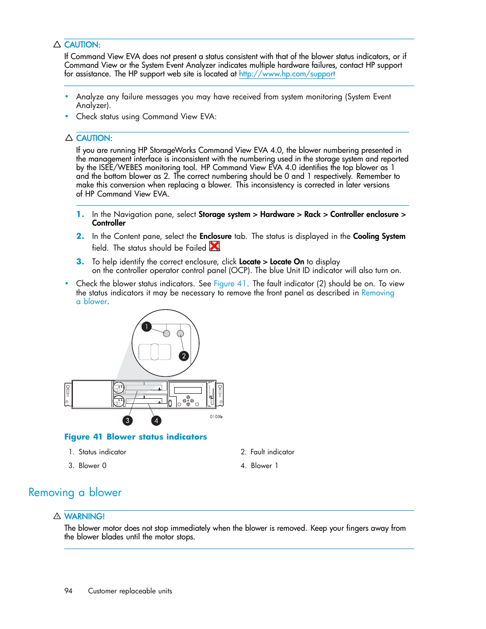 Removing a blower, 41 blower status indicators | HP 4000.6000.8000 Enterprise Virtual Arrays User Manual | Page 94 / 169