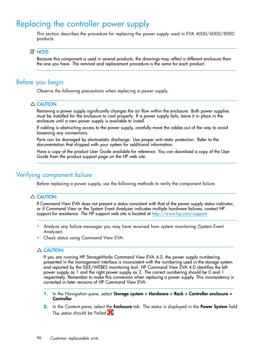 Replacing the controller power supply, Before you begin, Verifying component failure | HP 4000.6000.8000 Enterprise Virtual Arrays User Manual | Page 96 / 169