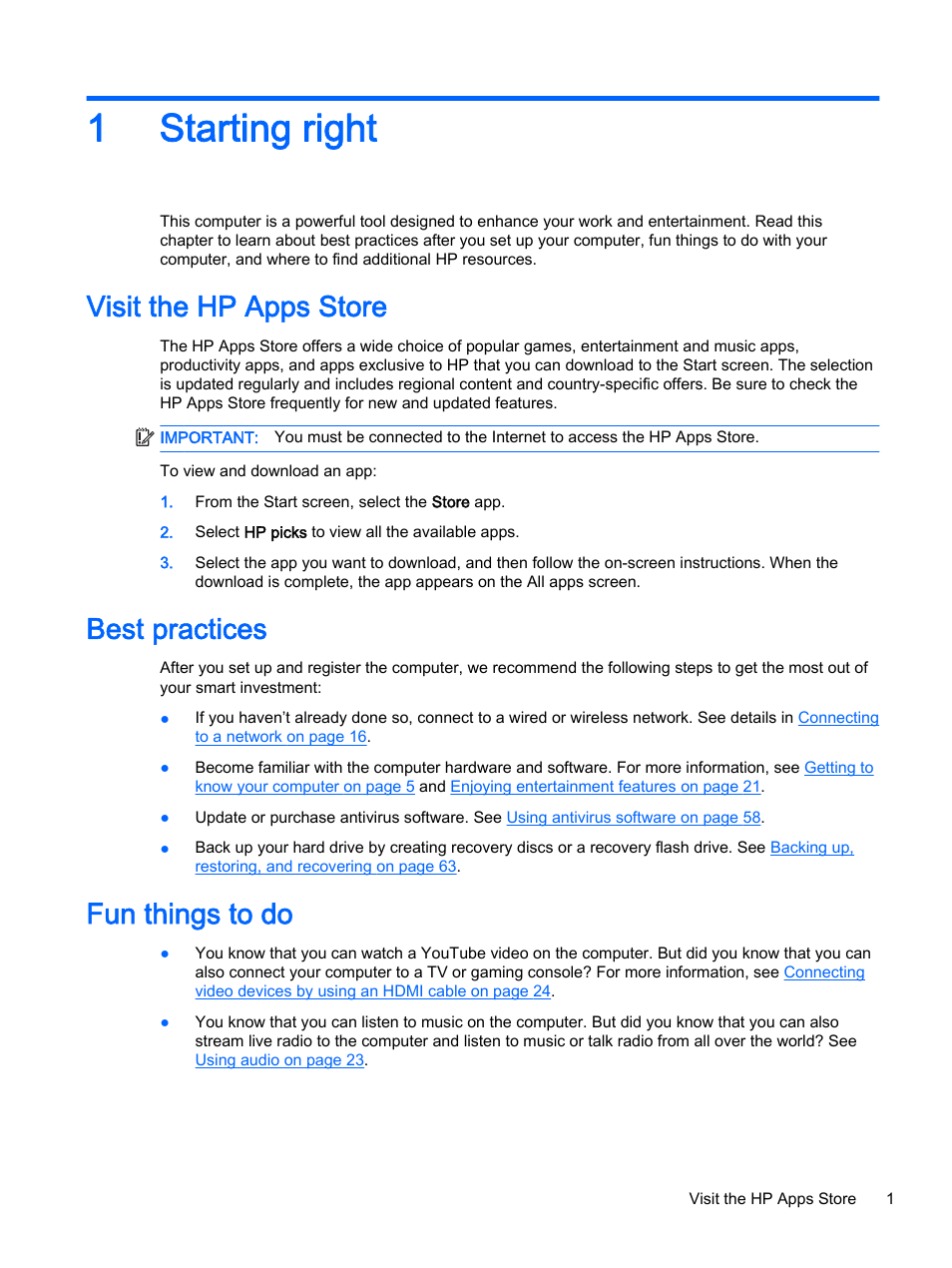 Starting right, Visit the hp apps store, Best practices | Fun things to do, 1 starting right, 1starting right | HP Pavilion 14z-v000 CTO Notebook PC User Manual | Page 11 / 82