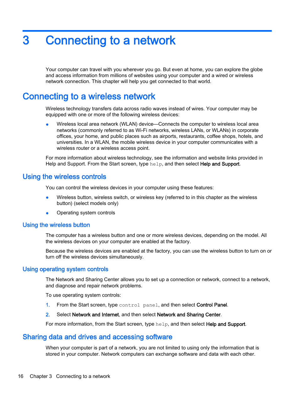 Connecting to a network, Connecting to a wireless network, Using the wireless controls | Using the wireless button, Using operating system controls, Sharing data and drives and accessing software, 3 connecting to a network, Connecting, 3connecting to a network | HP Pavilion 14z-v000 CTO Notebook PC User Manual | Page 26 / 82