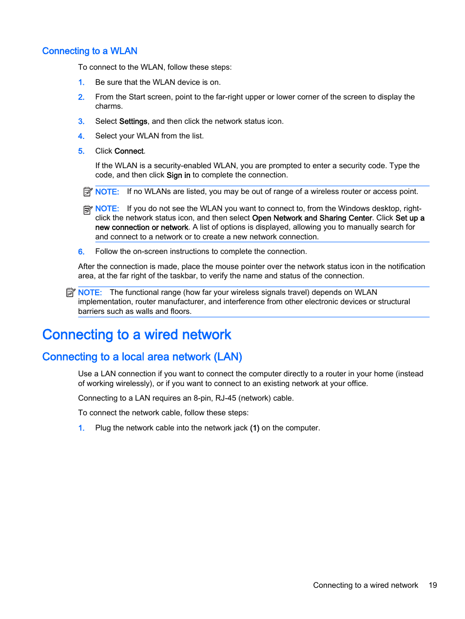 Connecting to a wlan, Connecting to a wired network, Connecting to a local area network (lan) | HP Pavilion 14z-v000 CTO Notebook PC User Manual | Page 29 / 82