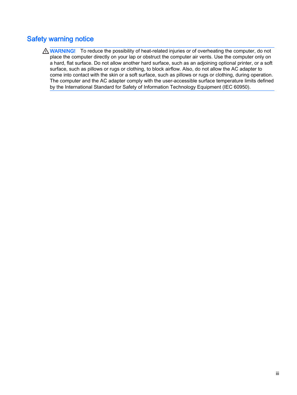 Safety warning notice | HP Pavilion 14z-v000 CTO Notebook PC User Manual | Page 3 / 82