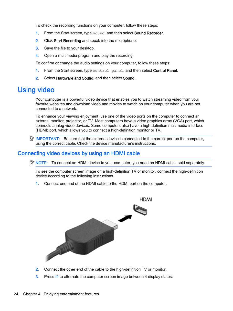 Using video, Connecting video devices by using an hdmi cable, Connecting | HP Pavilion 14z-v000 CTO Notebook PC User Manual | Page 34 / 82