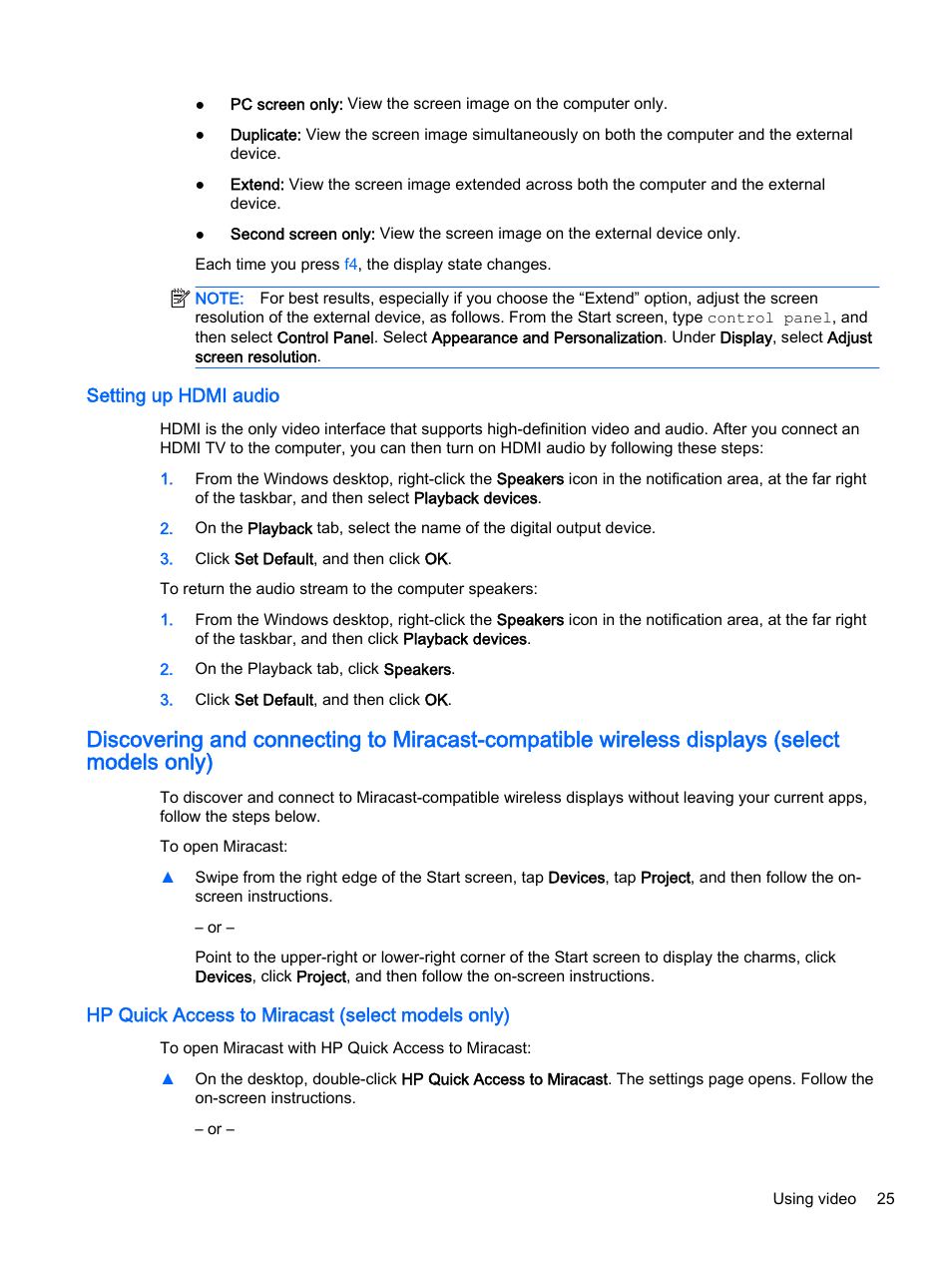 Setting up hdmi audio, Hp quick access to miracast (select models only) | HP Pavilion 14z-v000 CTO Notebook PC User Manual | Page 35 / 82