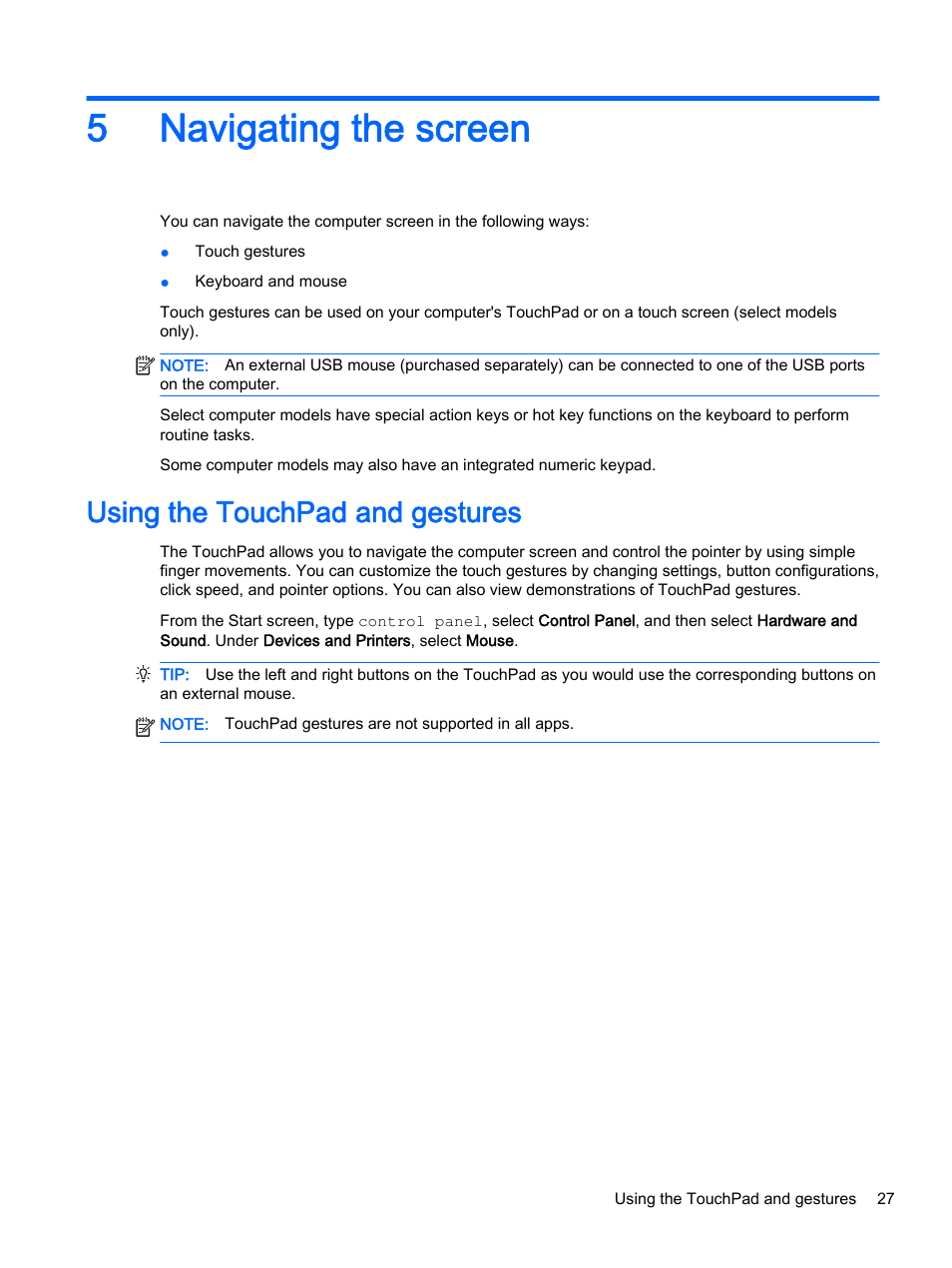 Navigating the screen, Using the touchpad and gestures, 5 navigating the screen | Es of text. see, 5navigating the screen | HP Pavilion 14z-v000 CTO Notebook PC User Manual | Page 37 / 82