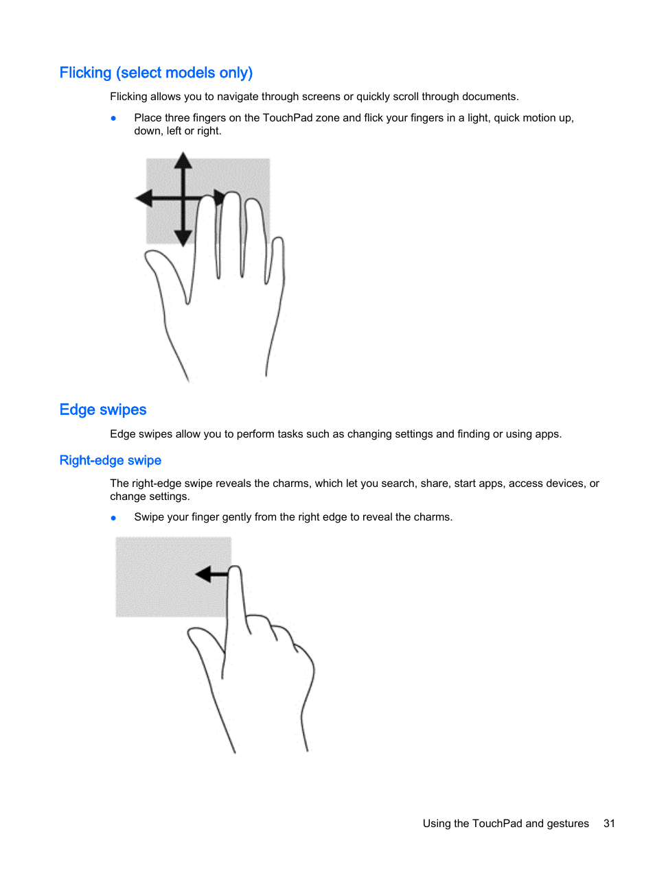 Flicking (select models only), Edge swipes, Right-edge swipe | Flicking (select models only) edge swipes | HP Pavilion 14z-v000 CTO Notebook PC User Manual | Page 41 / 82