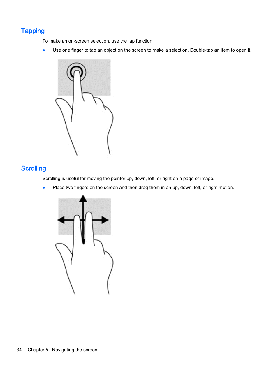 Tapping, Scrolling, Tapping scrolling | HP Pavilion 14z-v000 CTO Notebook PC User Manual | Page 44 / 82