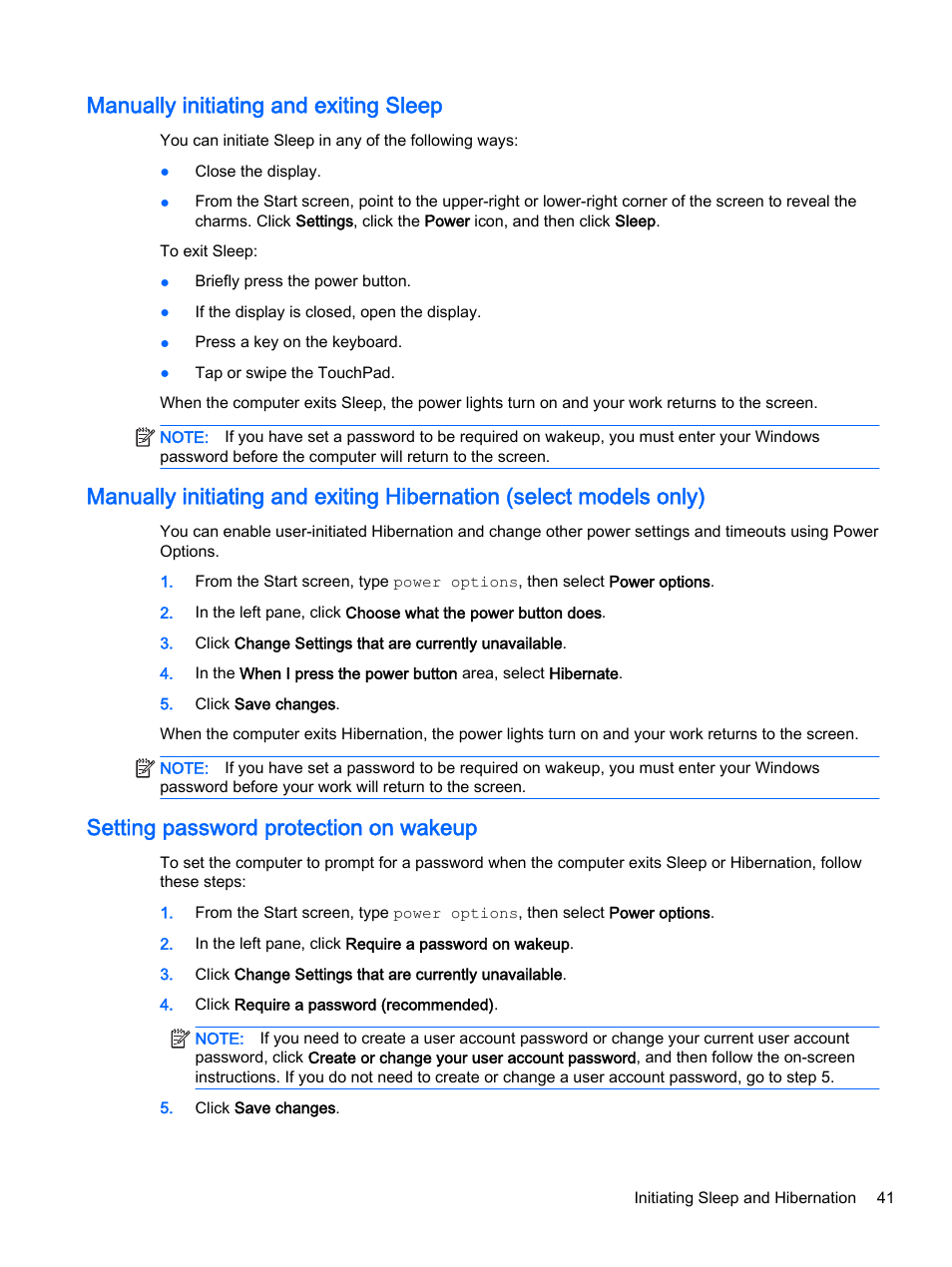 Manually initiating and exiting sleep, Setting password protection on wakeup, Manually | HP Pavilion 14z-v000 CTO Notebook PC User Manual | Page 51 / 82