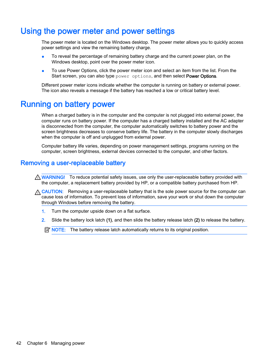 Using the power meter and power settings, Running on battery power, Removing a user-replaceable battery | HP Pavilion 14z-v000 CTO Notebook PC User Manual | Page 52 / 82