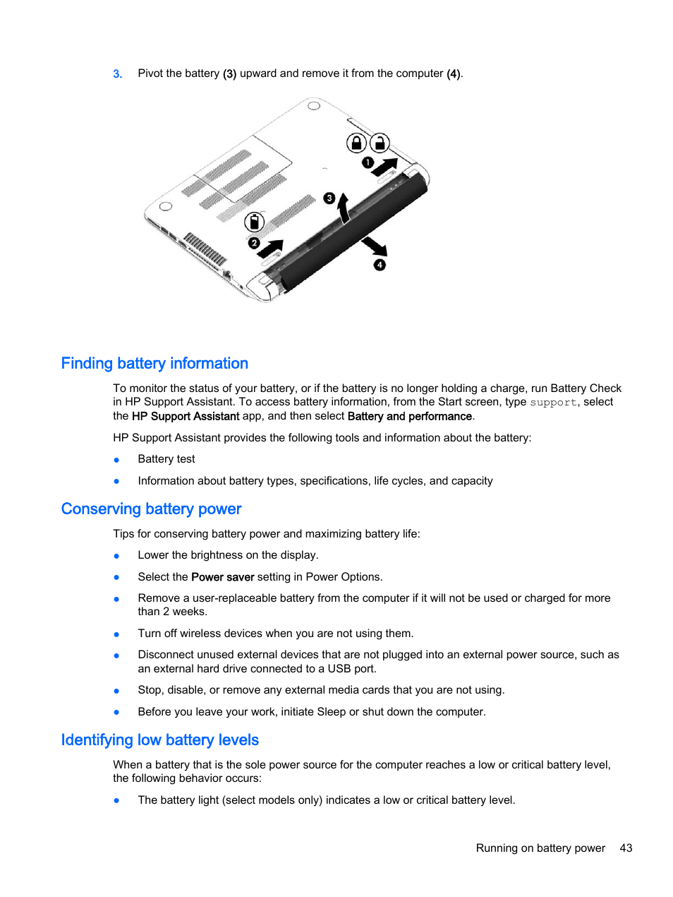 Finding battery information, Conserving battery power, Identifying low battery levels | HP Pavilion 14z-v000 CTO Notebook PC User Manual | Page 53 / 82