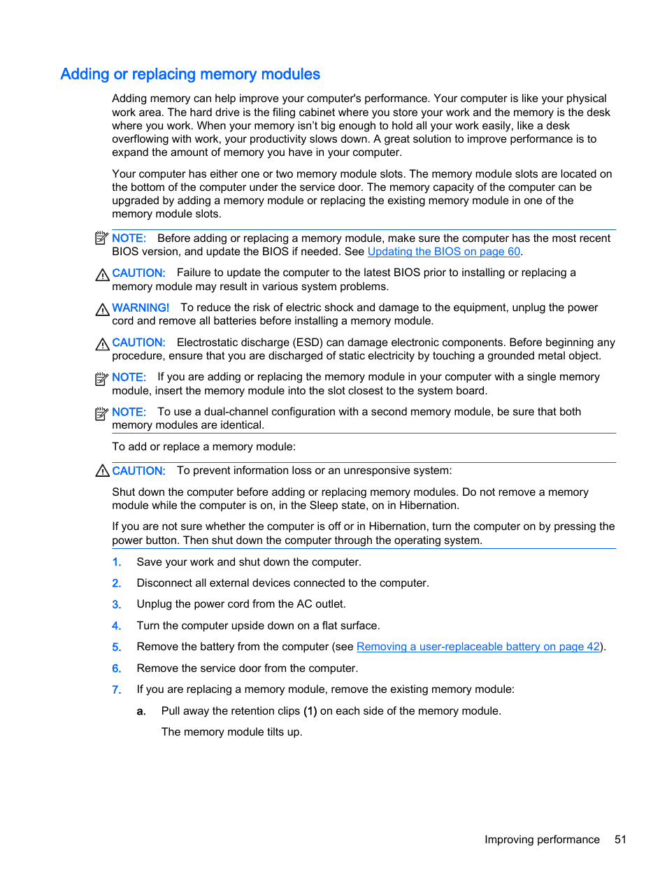 Adding or replacing memory modules | HP Pavilion 14z-v000 CTO Notebook PC User Manual | Page 61 / 82