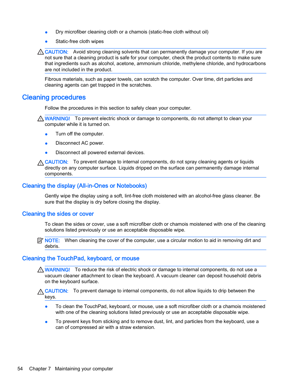 Cleaning procedures, Cleaning the display (all-in-ones or notebooks), Cleaning the sides or cover | Cleaning the touchpad, keyboard, or mouse | HP Pavilion 14z-v000 CTO Notebook PC User Manual | Page 64 / 82