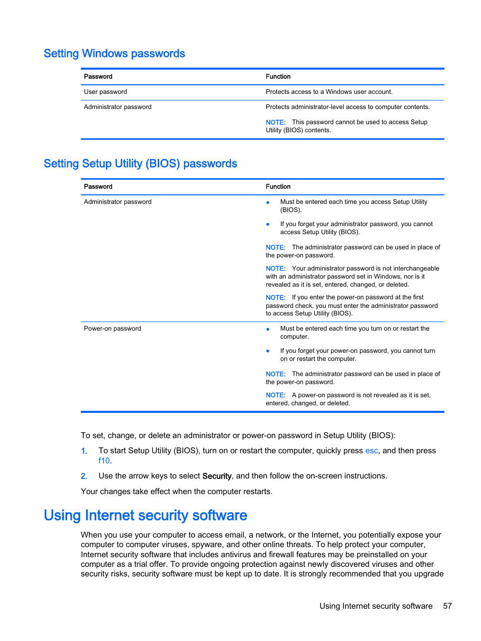 Setting windows passwords, Setting setup utility (bios) passwords, Using internet security software | HP Pavilion 14z-v000 CTO Notebook PC User Manual | Page 67 / 82