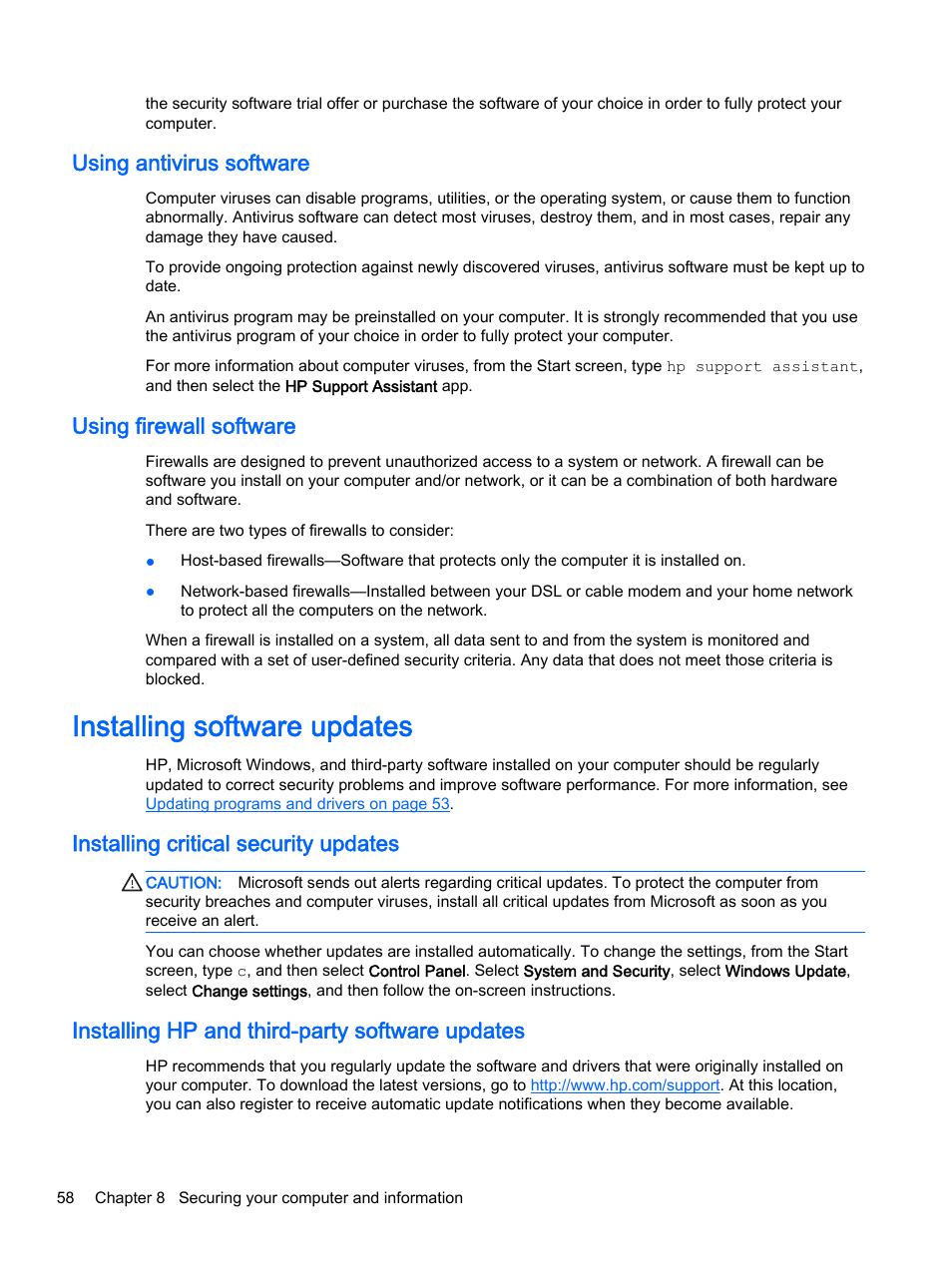 Using antivirus software, Using firewall software, Installing software updates | Installing critical security updates, Installing hp and third-party software updates, Using antivirus software using firewall software | HP Pavilion 14z-v000 CTO Notebook PC User Manual | Page 68 / 82