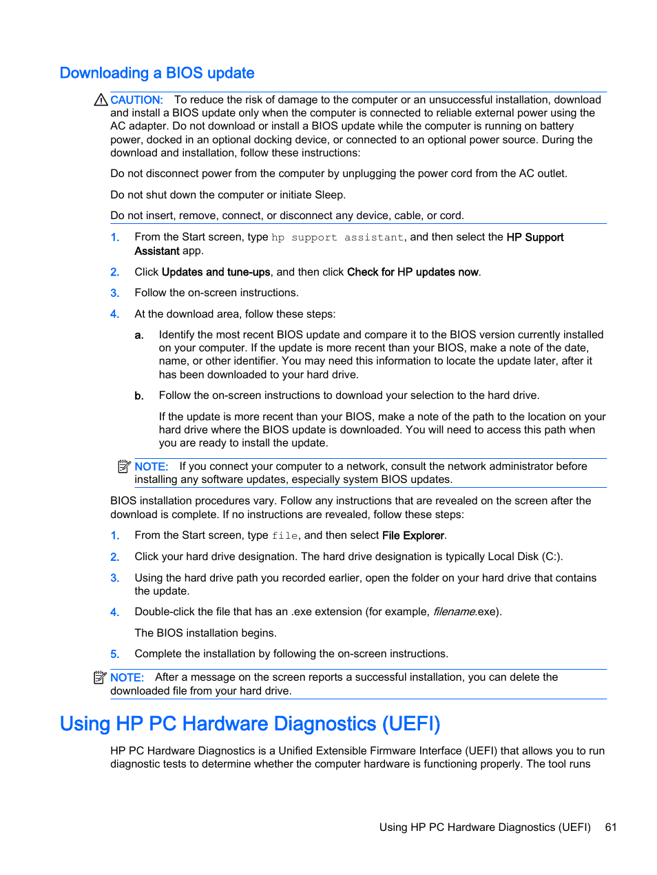 Downloading a bios update, Using hp pc hardware diagnostics (uefi) | HP Pavilion 14z-v000 CTO Notebook PC User Manual | Page 71 / 82