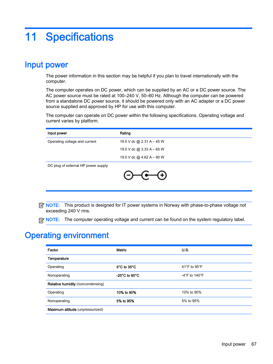 Specifications, Input power, Operating environment | 11 specifications, Input power operating environment | HP Pavilion 14z-v000 CTO Notebook PC User Manual | Page 77 / 82