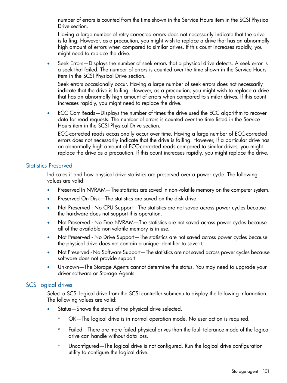 Statistics preserved, Scsi logical drives, Statistics preserved scsi logical drives | HP Insight Management Agents User Manual | Page 101 / 177