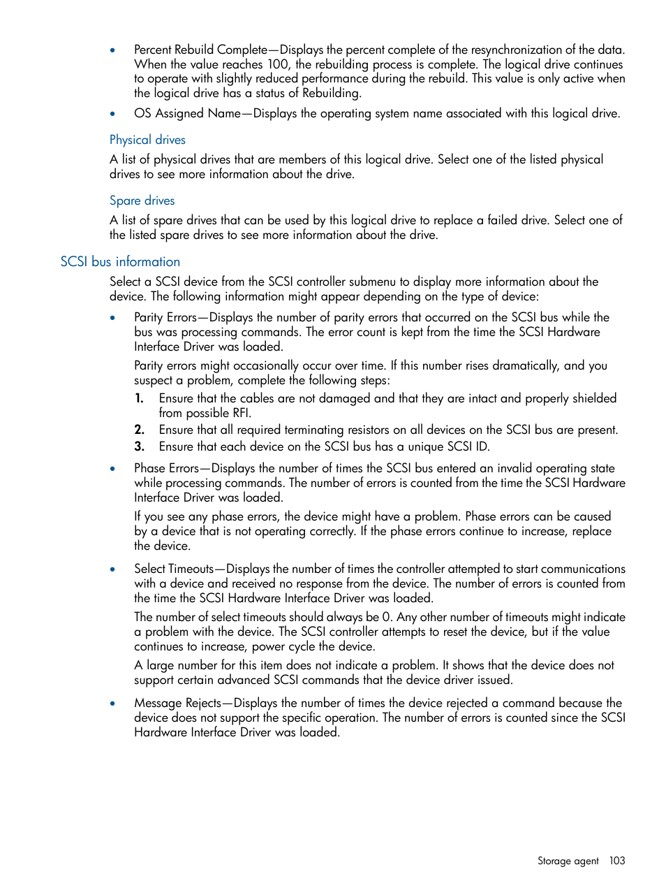 Physical drives, Spare drives, Scsi bus information | Physical drives spare drives | HP Insight Management Agents User Manual | Page 103 / 177