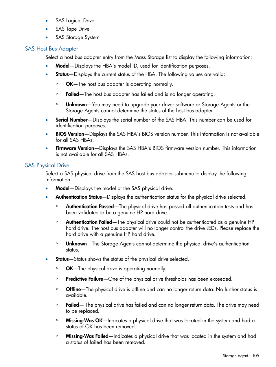 Sas host bus adapter, Sas physical drive, Sas host bus adapter sas physical drive | HP Insight Management Agents User Manual | Page 105 / 177