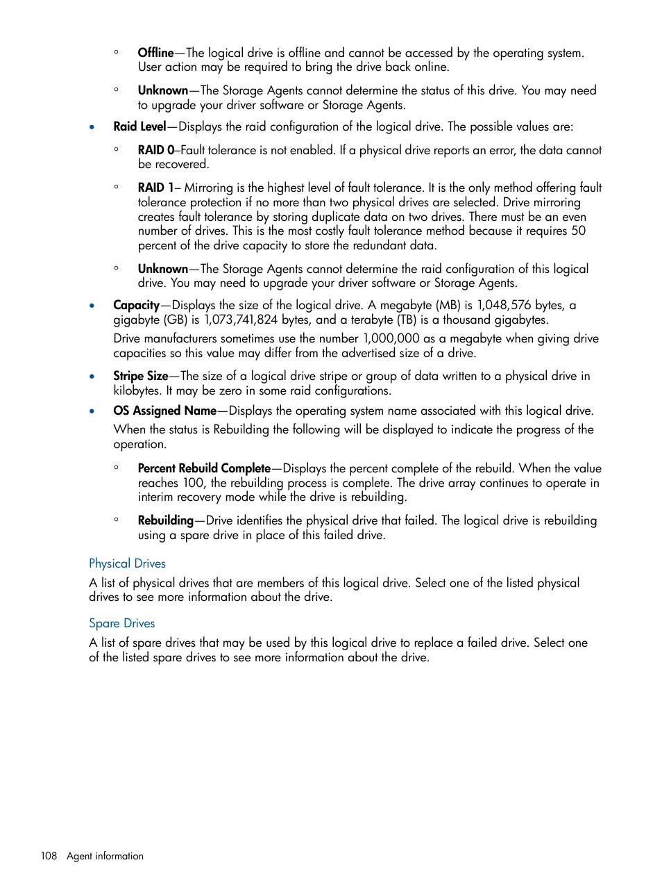 Physical drives, Spare drives, Physical drives spare drives | HP Insight Management Agents User Manual | Page 108 / 177