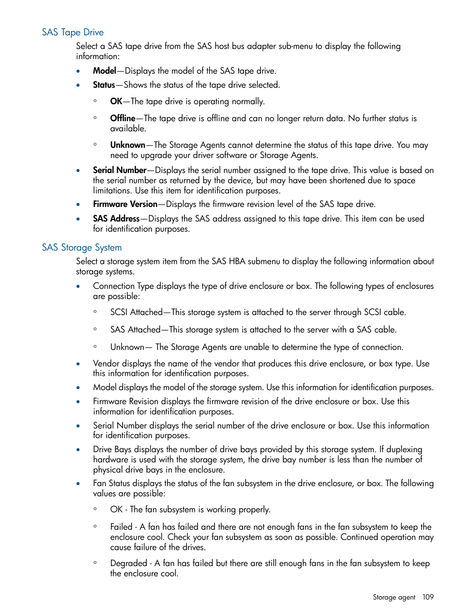 Sas tape drive, Sas storage system, Sas tape drive sas storage system | HP Insight Management Agents User Manual | Page 109 / 177