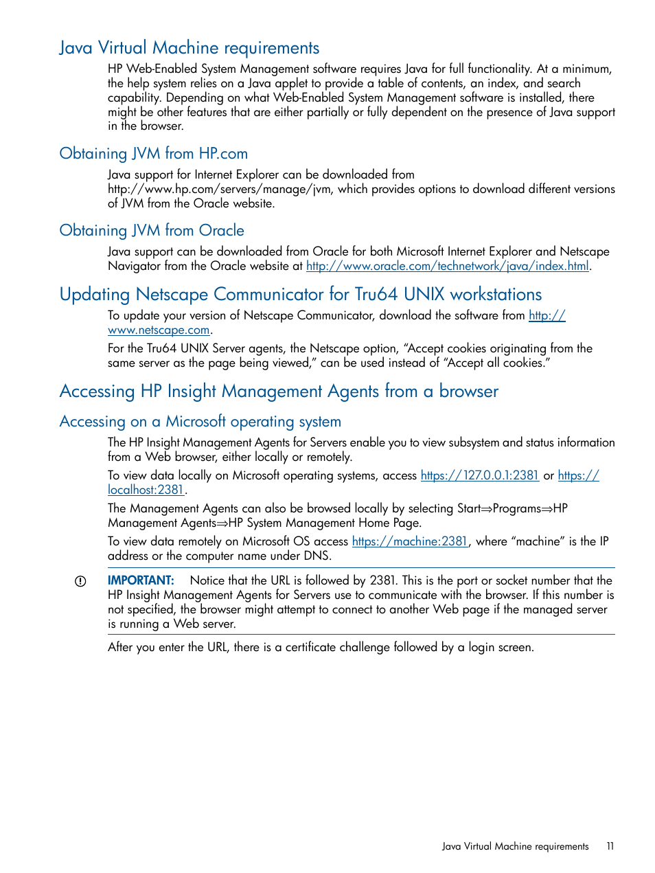 Java virtual machine requirements, Obtaining jvm from hp.com, Obtaining jvm from oracle | Accessing on a microsoft operating system | HP Insight Management Agents User Manual | Page 11 / 177