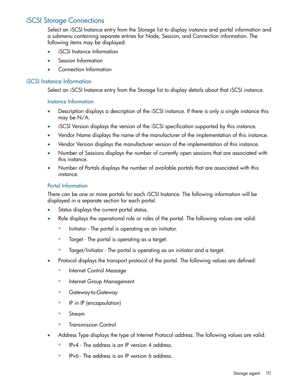 Iscsi storage connections, Iscsi instance information, Instance information | Portal information, Instance information portal information | HP Insight Management Agents User Manual | Page 111 / 177