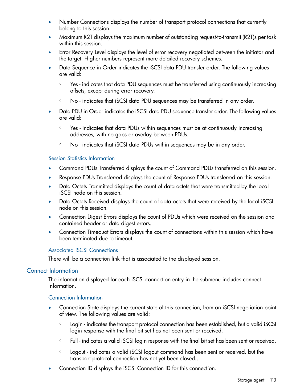 Session statistics information, Associated iscsi connections, Connect information | Connection information | HP Insight Management Agents User Manual | Page 113 / 177