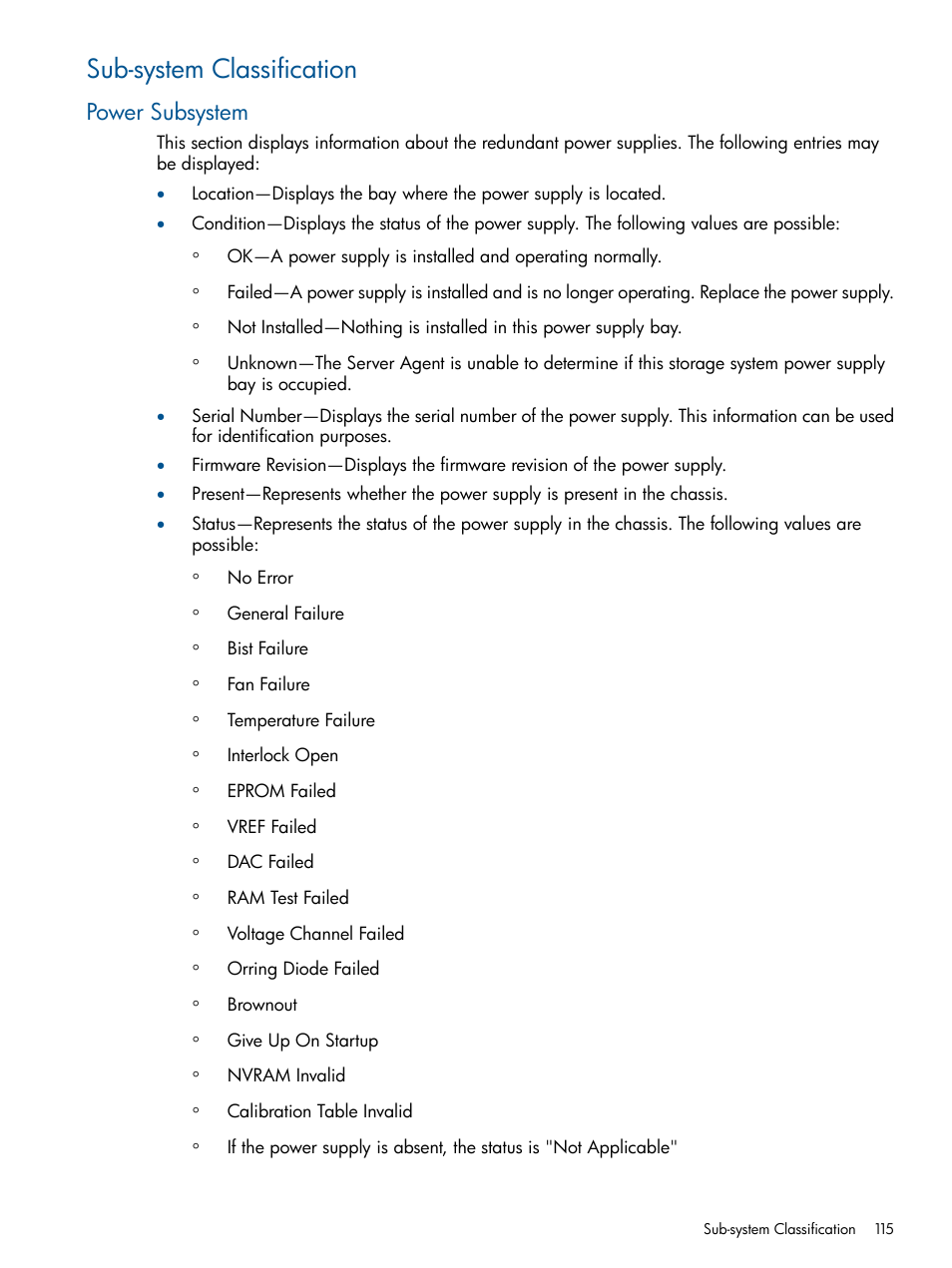 Sub-system classification, Power subsystem | HP Insight Management Agents User Manual | Page 115 / 177