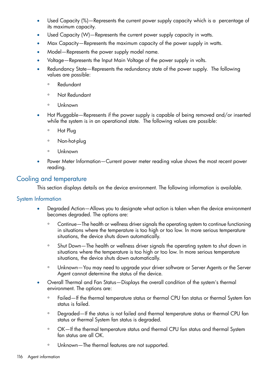 Cooling and temperature, System information | HP Insight Management Agents User Manual | Page 116 / 177