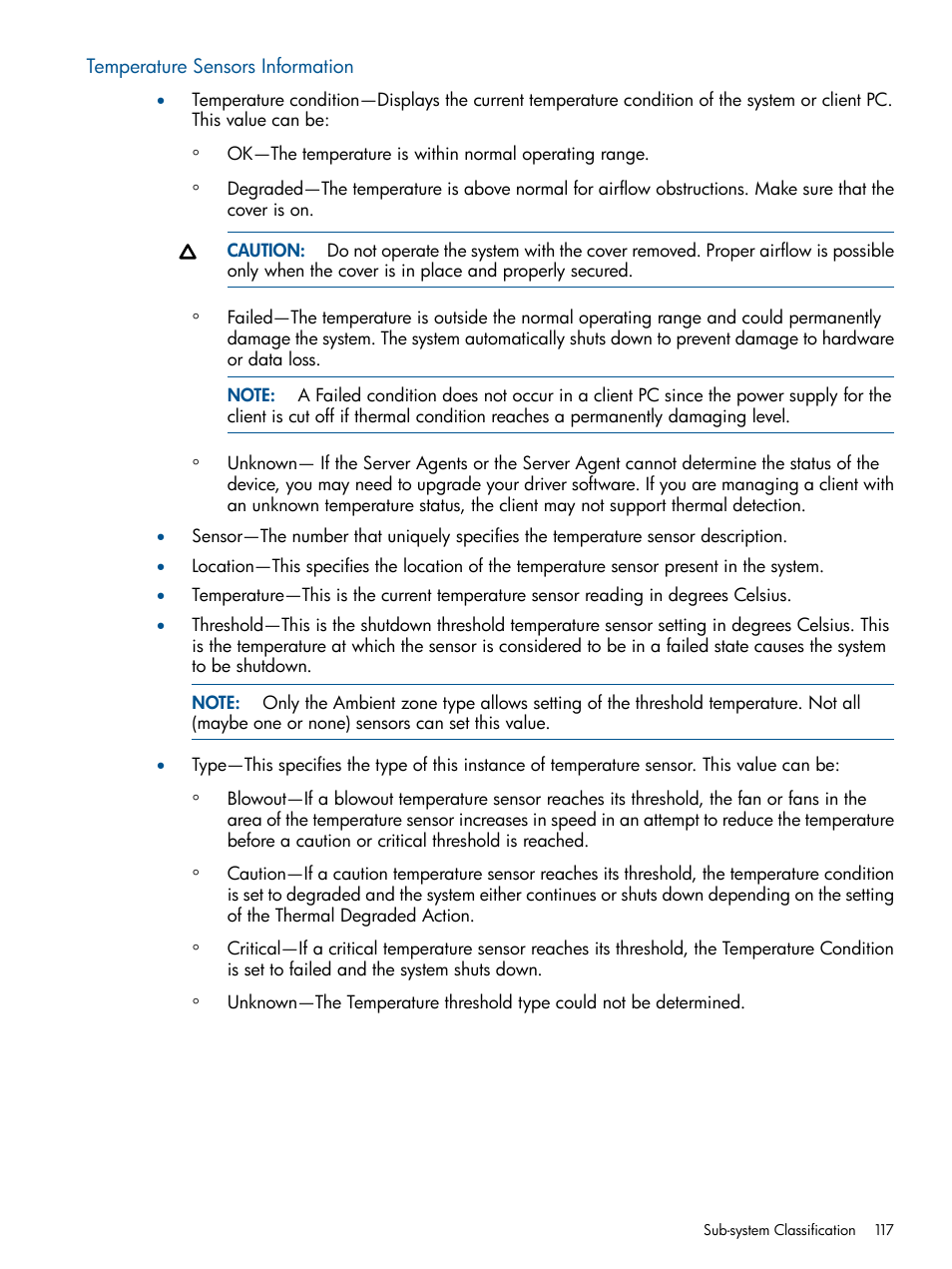 Temperature sensors information | HP Insight Management Agents User Manual | Page 117 / 177