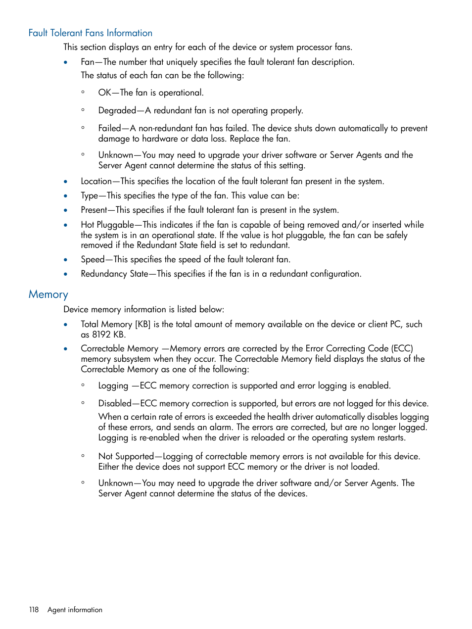 Fault tolerant fans information, Memory | HP Insight Management Agents User Manual | Page 118 / 177