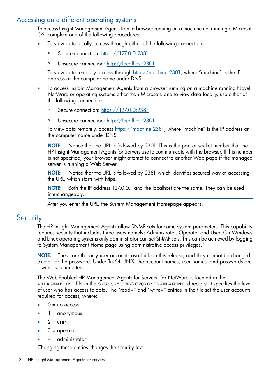 Accessing on a different operating systems, Security | HP Insight Management Agents User Manual | Page 12 / 177