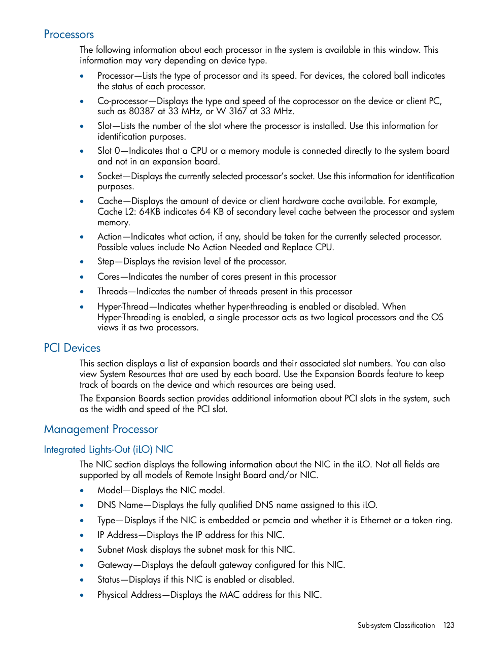 Processors, Pci devices, Management processor | Integrated lights-out (ilo) nic, Processors pci devices management processor | HP Insight Management Agents User Manual | Page 123 / 177