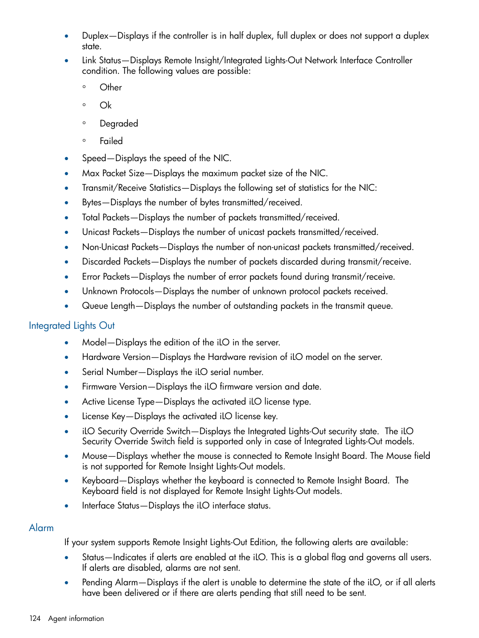 Integrated lights out, Alarm, Integrated lights out alarm | HP Insight Management Agents User Manual | Page 124 / 177